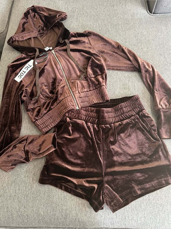 Tic Toc Pants - TIC TOC Cropped Brown Velvet Hoodie & Shorts Set